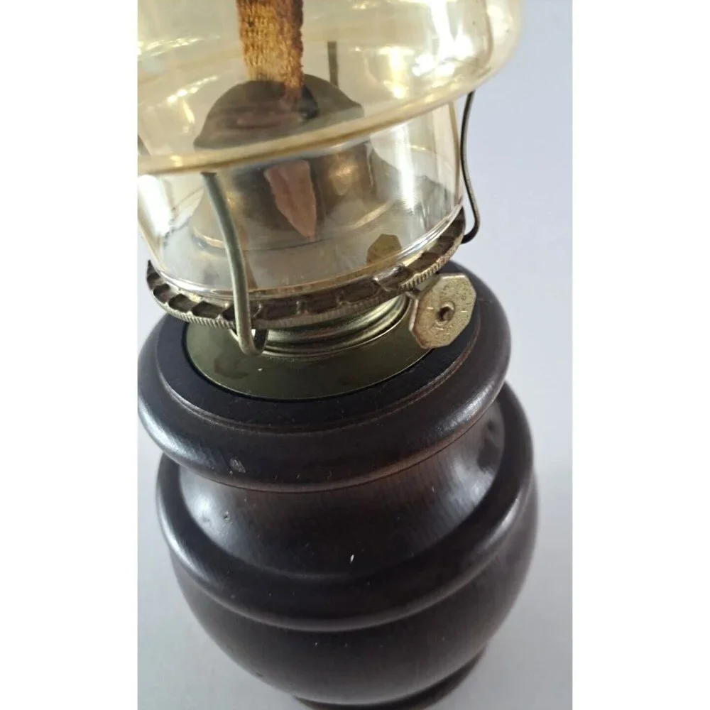 Vintage Oil Lamp Wood Base Hurricane Kerosene Glass Shade Rustic Primitive 15